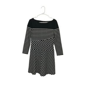 BCBGMAXAZRIA Black White Stripe Fit & Flare Dress 3/4 Sleeves Stretch Medium